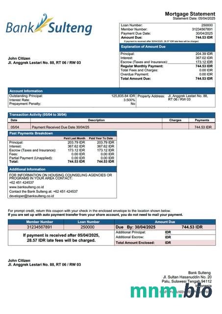 Indonezja Bank Sulteng wyciąg z kredytu hipotecznego szablon Word i PDF
